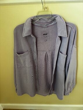 Aerie Women Purple French Terry Button Down Shacket Shirt Small Lavender Relaxed